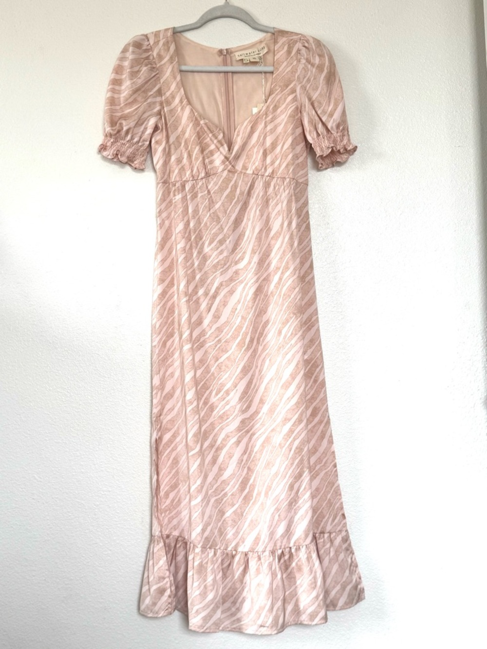 Saltwater Luxe Satin Midi Dress Puff Sleeve Ruffled Sand Anthropologie XS NEW